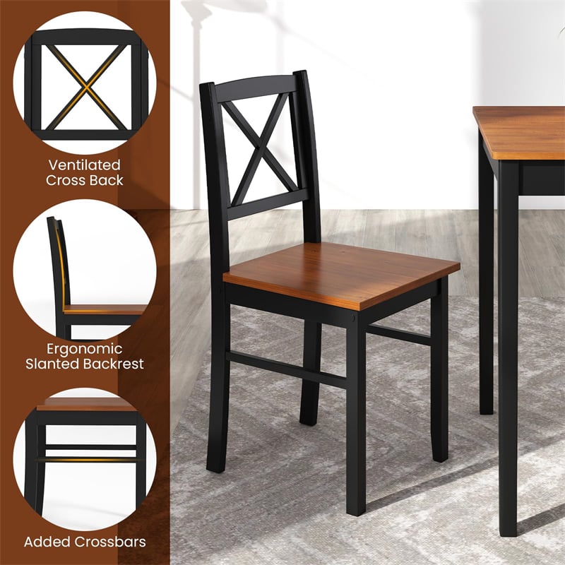 5-Piece Dining Table Set for 4, Mid-Century Modern Kitchen Table & 4 Chairs with Rubber Wood Legs & Cross Backrest, Space-Saving Dinette Set for Home