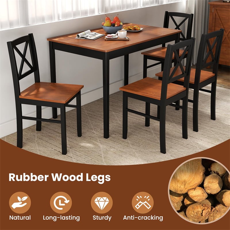 5-Piece Dining Table Set for 4, Mid-Century Modern Kitchen Table & 4 Chairs with Rubber Wood Legs & Cross Backrest, Space-Saving Dinette Set for Home