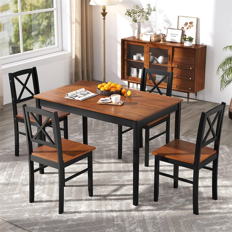 5-Piece Dining Table Set for 4, Mid-Century Modern Kitchen Table & 4 Chairs with Rubber Wood Legs & Cross Backrest, Space-Saving Dinette Set for Home
