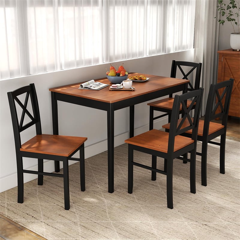 5-Piece Dining Table Set for 4, Mid-Century Modern Kitchen Table & 4 Chairs with Rubber Wood Legs & Cross Backrest, Space-Saving Dinette Set for Home