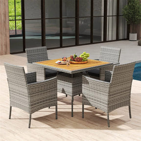 5 Piece PE Wicker Patio Dining Set with Cushions & Umbrella Hole, Outdoor Acacia Wood Dining Table & Armchairs for Backyard Garden Porch