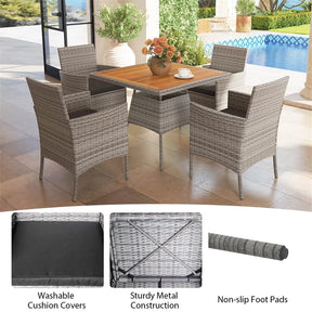 5 Piece PE Wicker Patio Dining Set with Cushions & Umbrella Hole, Outdoor Acacia Wood Dining Table & Armchairs for Backyard Garden Porch