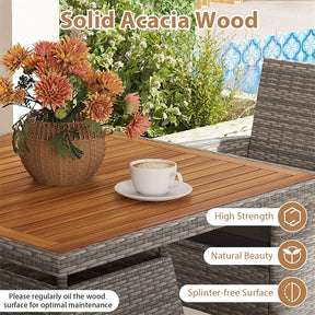 5 Piece PE Wicker Patio Dining Set with Cushions & Umbrella Hole, Outdoor Acacia Wood Dining Table & Armchairs for Backyard Garden Porch