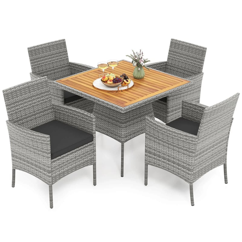 5 Piece PE Wicker Patio Dining Set with Cushions & Umbrella Hole, Outdoor Acacia Wood Dining Table & Armchairs for Backyard Garden Porch
