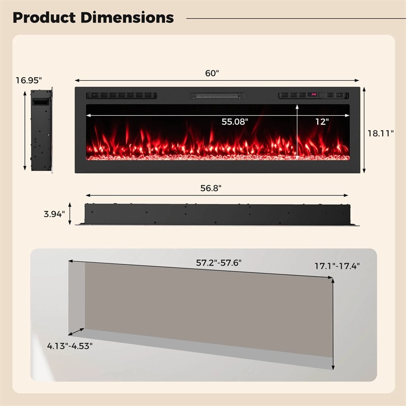 36-68" Smart WiFi Electric Fireplace, Recessed/Wall Mounted Fireplace Heater, 12 Flame & Ember Bed Colors, Alexa/Google Assistant, 12H Timer