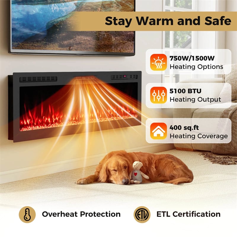 36-68" Smart WiFi Electric Fireplace, Recessed/Wall Mounted Fireplace Heater, 12 Flame & Ember Bed Colors, Alexa/Google Assistant, 12H Timer