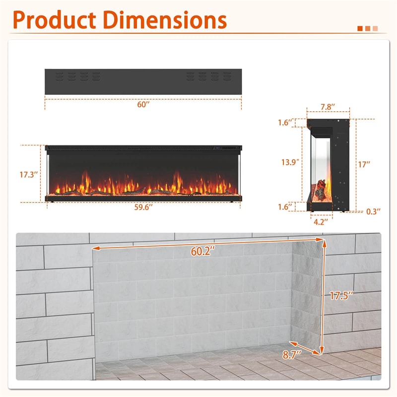 36/40/50/60 Inches 3-Sided Electric Fireplace Insert, 750W/1200W Recessed Fireplace Heater with 12 Flame Colors, Remote, 5 Brightness & 8H Timer