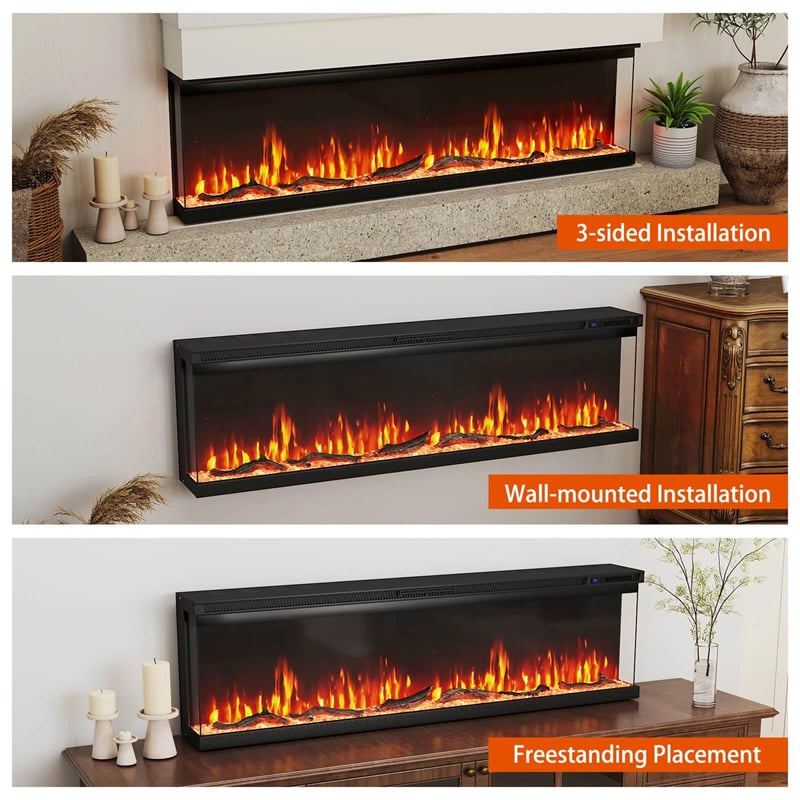 36/40/50/60 Inches 3-Sided Electric Fireplace Insert, 750W/1200W Recessed Fireplace Heater with 12 Flame Colors, Remote, 5 Brightness & 8H Timer