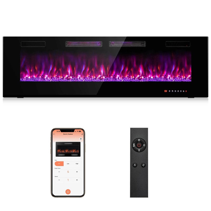42/50/60/72 Inch Ultra-Thin Smart Electric Fireplace Insert, Wall Mount & Recessed Heater with 12 Flame Colors & Decorative Crystals