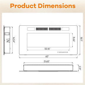 42/50/60/72 Inch Ultra-Thin Smart Electric Fireplace Insert, Wall Mount & Recessed Heater with 12 Flame Colors & Decorative Crystals