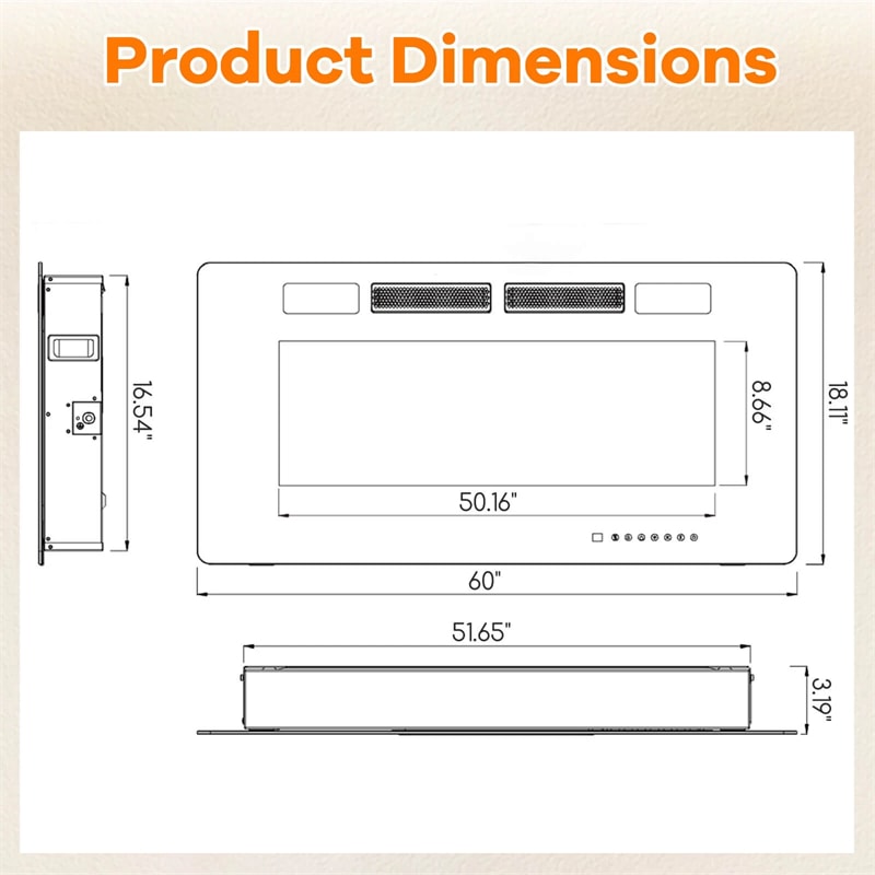 42/50/60/72 Inch Ultra-Thin Smart Electric Fireplace Insert, Wall Mount & Recessed Heater with 12 Flame Colors & Decorative Crystals