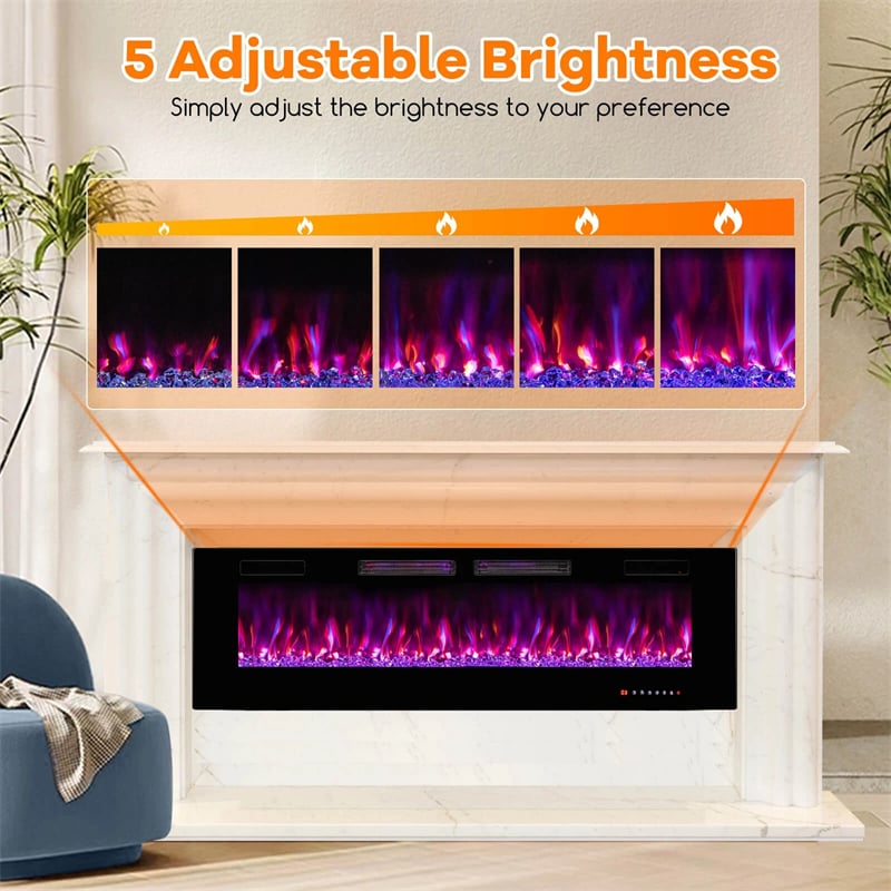 42/50/60/72 Inch Ultra-Thin Smart Electric Fireplace Insert, Wall Mount & Recessed Heater with 12 Flame Colors & Decorative Crystals