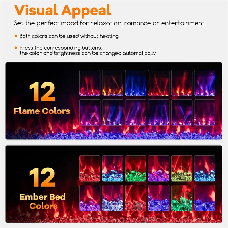 42/50/60/72 Inch Ultra-Thin Smart Electric Fireplace Insert, Wall Mount & Recessed Heater with 12 Flame Colors & Decorative Crystals