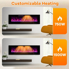 42/50/60/72 Inch Ultra-Thin Smart Electric Fireplace Insert, Wall Mount & Recessed Heater with 12 Flame Colors & Decorative Crystals
