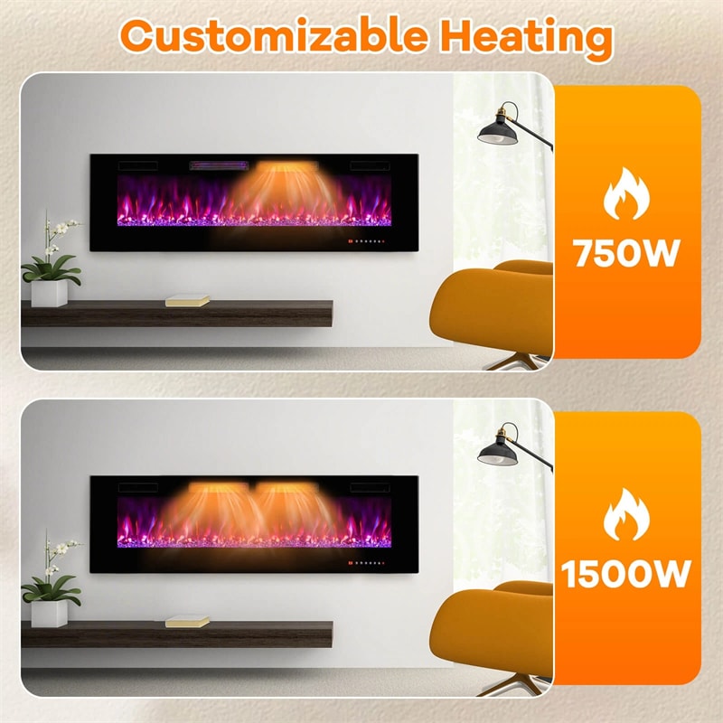 42/50/60/72 Inch Ultra-Thin Smart Electric Fireplace Insert, Wall Mount & Recessed Heater with 12 Flame Colors & Decorative Crystals