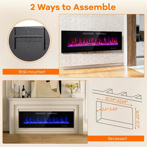42/50/60/72 Inch Ultra-Thin Smart Electric Fireplace Insert, Wall Mount & Recessed Heater with 12 Flame Colors & Decorative Crystals