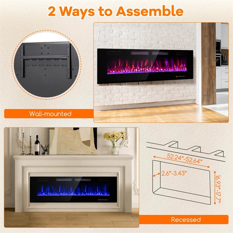 42/50/60/72 Inch Ultra-Thin Smart Electric Fireplace Insert, Wall Mount & Recessed Heater with 12 Flame Colors & Decorative Crystals