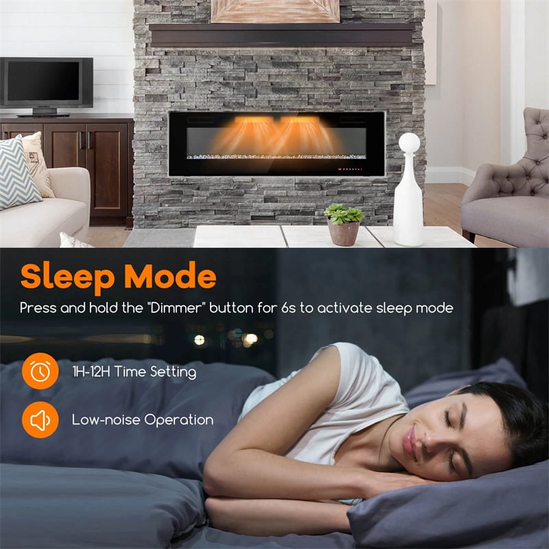 42/50/60/72 Inch Ultra-Thin Smart Electric Fireplace Insert, Wall Mount & Recessed Heater with 12 Flame Colors & Decorative Crystals