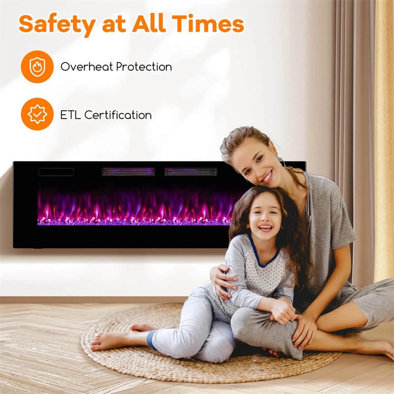 42/50/60/72 Inch Ultra-Thin Smart Electric Fireplace Insert, Wall Mount & Recessed Heater with 12 Flame Colors & Decorative Crystals