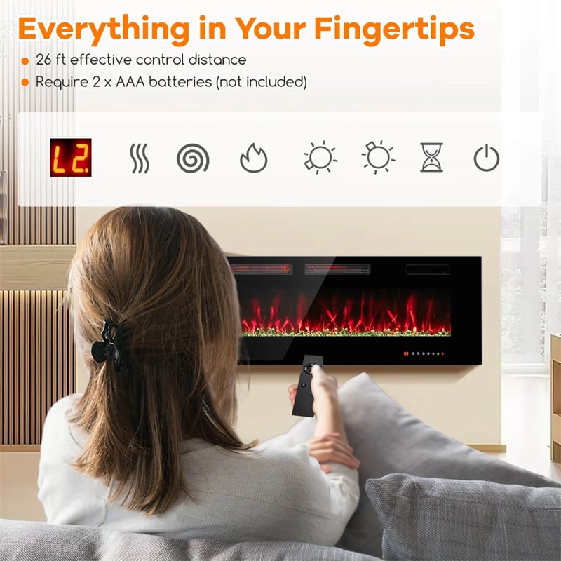 42/50/60/72 Inch Ultra-Thin Smart Electric Fireplace Insert, Wall Mount & Recessed Heater with 12 Flame Colors & Decorative Crystals