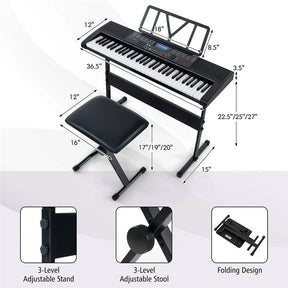 61-Key Lighted Electric Piano Keyboard for Beginners with Adjustable Stand & Folding Stool, Headphones, Microphone, 3 Teaching Modes