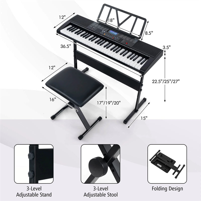 61-Key Lighted Electric Piano Keyboard for Beginners with Adjustable Stand & Folding Stool, Headphones, Microphone, 3 Teaching Modes