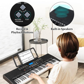 61-Key Lighted Electric Piano Keyboard for Beginners with Adjustable Stand & Folding Stool, Headphones, Microphone, 3 Teaching Modes