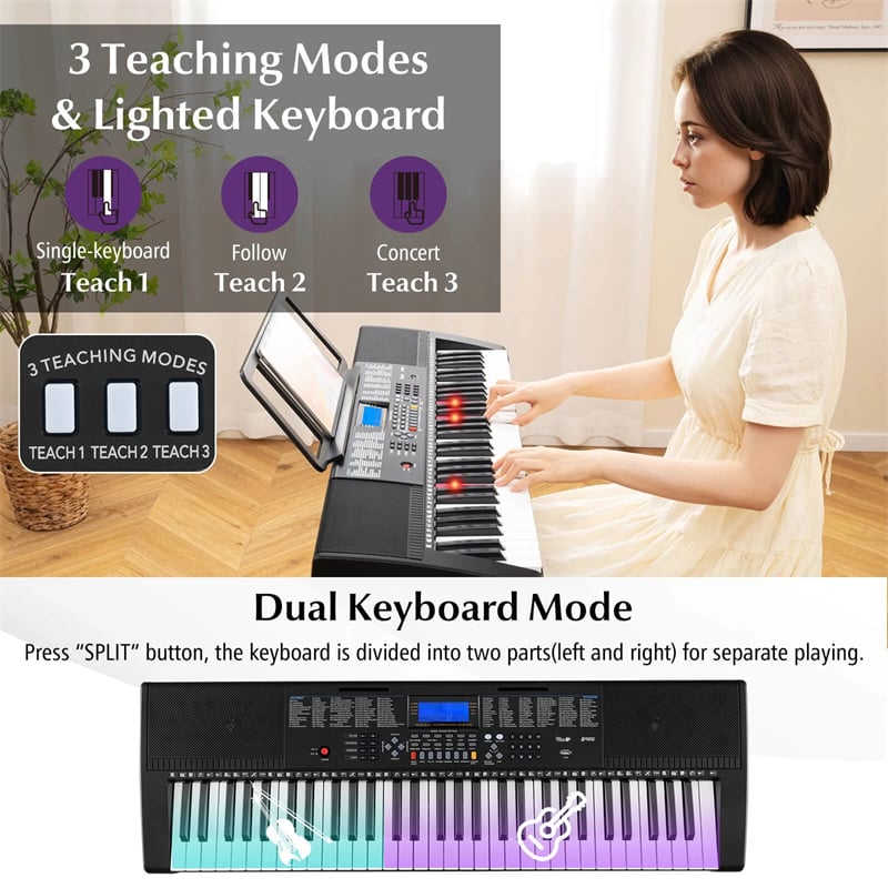 61-Key Lighted Electric Piano Keyboard for Beginners with Adjustable Stand & Folding Stool, Headphones, Microphone, 3 Teaching Modes