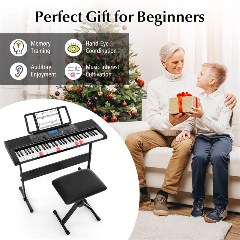 61-Key Lighted Electric Piano Keyboard for Beginners with Adjustable Stand & Folding Stool, Headphones, Microphone, 3 Teaching Modes