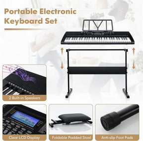 61-Key Lighted Electric Piano Keyboard for Beginners with Adjustable Stand & Folding Stool, Headphones, Microphone, 3 Teaching Modes