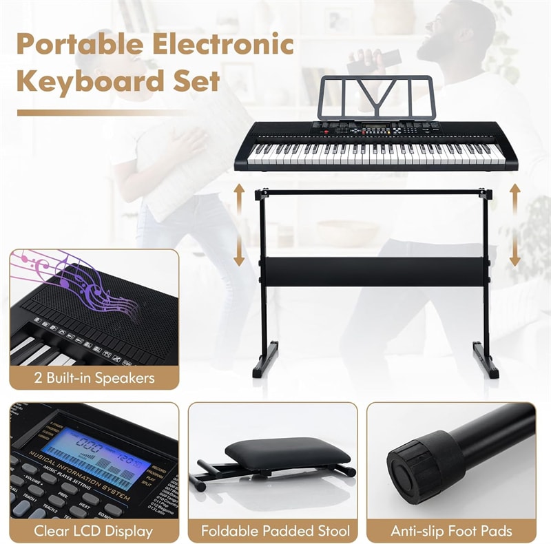 61-Key Lighted Electric Piano Keyboard for Beginners with Adjustable Stand & Folding Stool, Headphones, Microphone, 3 Teaching Modes
