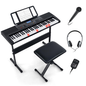 61-Key Lighted Electric Piano Keyboard for Beginners with Adjustable Stand & Folding Stool, Headphones, Microphone, 3 Teaching Modes
