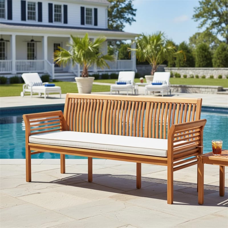 62.5" Outdoor Acacia Wood Bench with Removable Cushion, 3-Person Patio Garden Bench with High Backrest & Armrests, 1200 LBS Capacity for Yard Porch