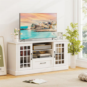 62" Farmhouse TV Stand for 70 Inch TVs, Tall Media Console Table with 2 Glass Doors, Cubbies & Drawer, Storage Cabinet for Living Room