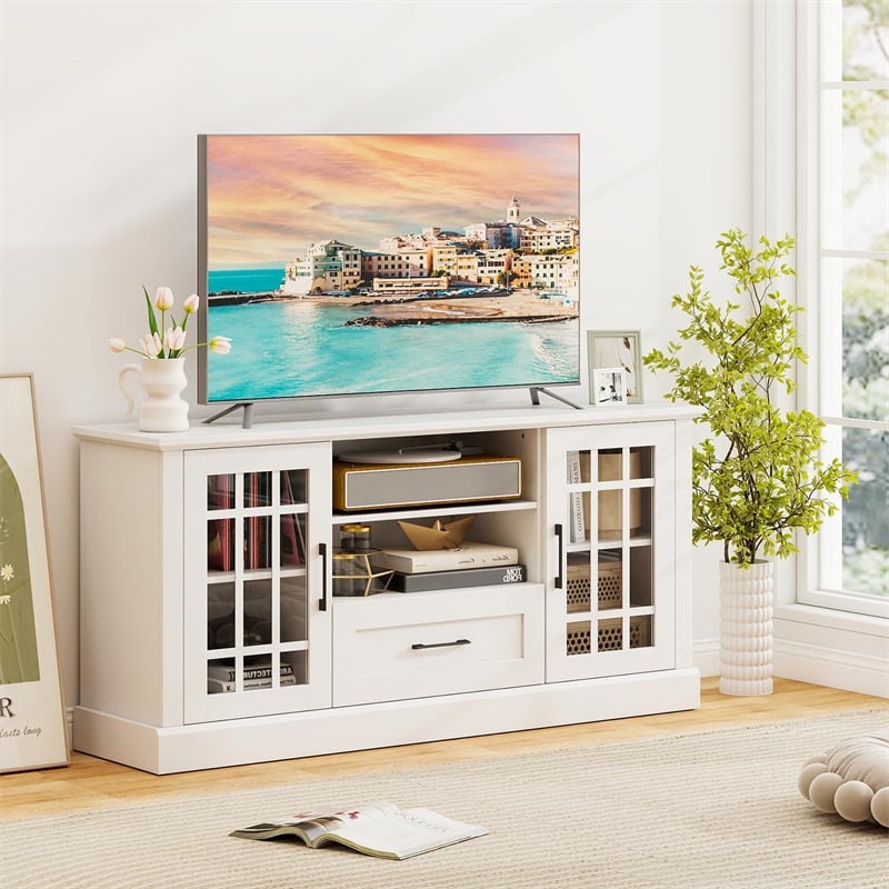 62" Farmhouse TV Stand for 70 Inch TVs, Tall Media Console Table with 2 Glass Doors, Cubbies & Drawer, Storage Cabinet for Living Room
