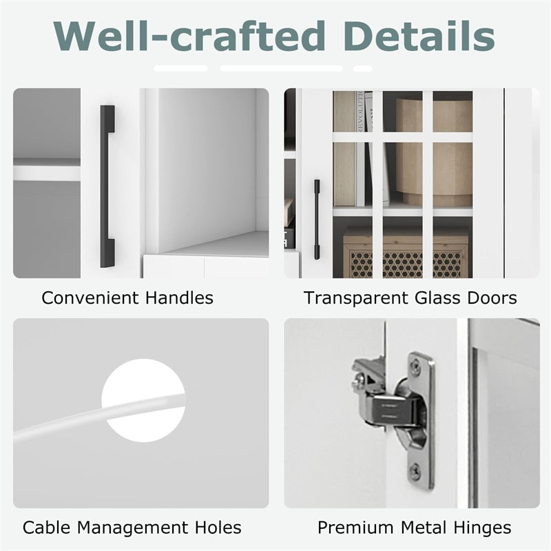 62" Farmhouse TV Stand for 70 Inch TVs, Tall Media Console Table with 2 Glass Doors, Cubbies & Drawer, Storage Cabinet for Living Room