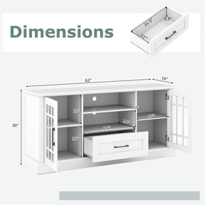 62" Farmhouse TV Stand for 70 Inch TVs, Tall Media Console Table with 2 Glass Doors, Cubbies & Drawer, Storage Cabinet for Living Room