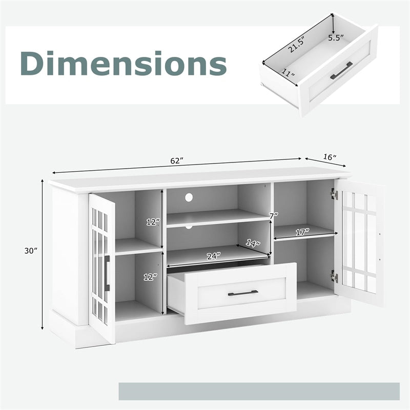 62" Farmhouse TV Stand for 70 Inch TVs, Tall Media Console Table with 2 Glass Doors, Cubbies & Drawer, Storage Cabinet for Living Room