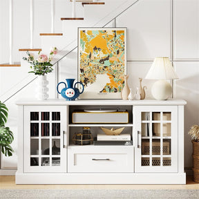 62" Farmhouse TV Stand for 70 Inch TVs, Tall Media Console Table with 2 Glass Doors, Cubbies & Drawer, Storage Cabinet for Living Room
