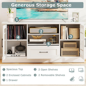 62" Farmhouse TV Stand for 70 Inch TVs, Tall Media Console Table with 2 Glass Doors, Cubbies & Drawer, Storage Cabinet for Living Room