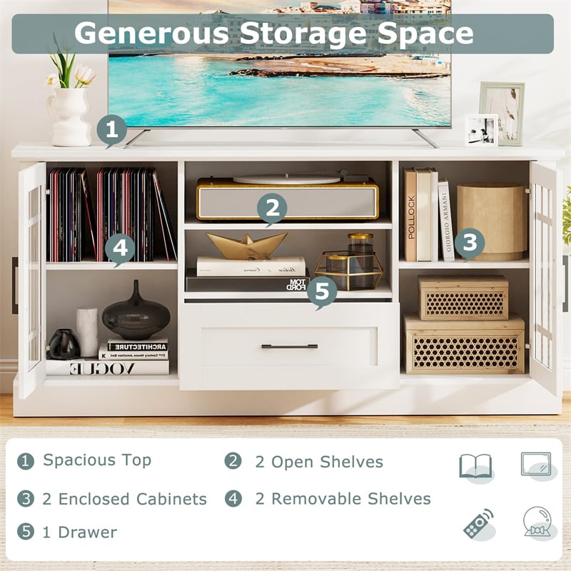 62" Farmhouse TV Stand for 70 Inch TVs, Tall Media Console Table with 2 Glass Doors, Cubbies & Drawer, Storage Cabinet for Living Room