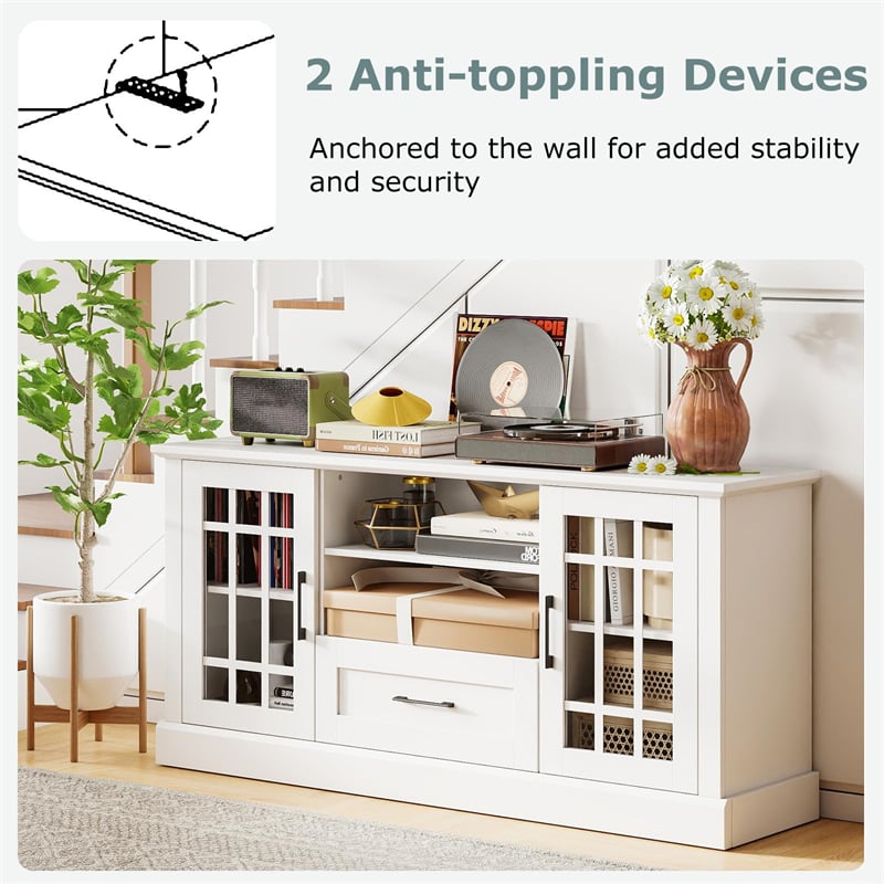 62" Farmhouse TV Stand for 70 Inch TVs, Tall Media Console Table with 2 Glass Doors, Cubbies & Drawer, Storage Cabinet for Living Room