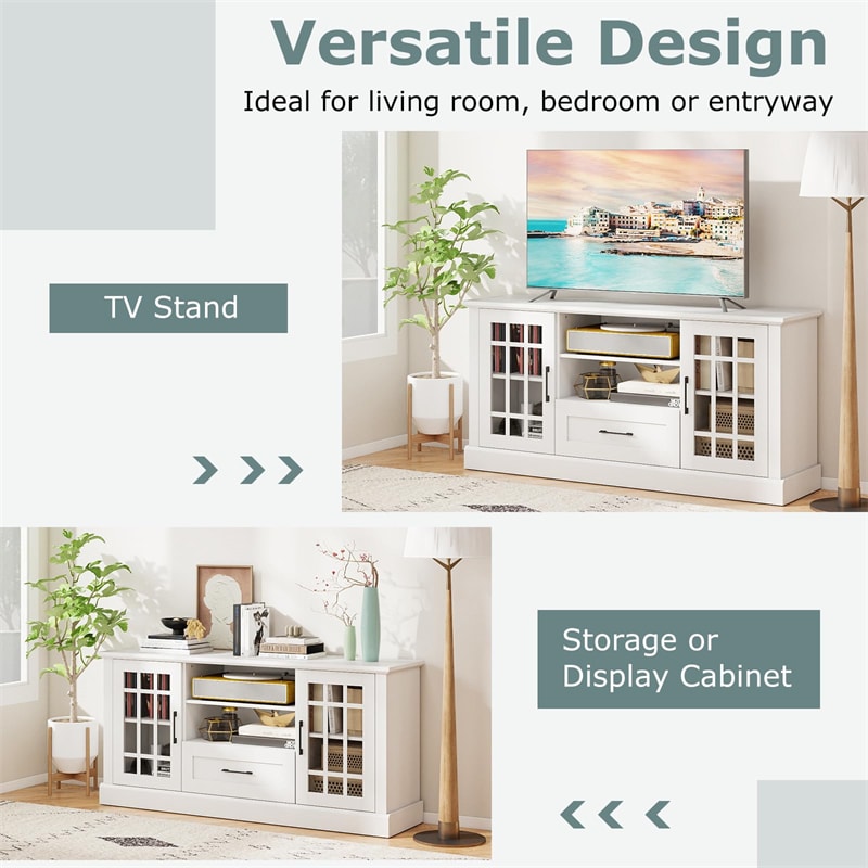 62" Farmhouse TV Stand for 70 Inch TVs, Tall Media Console Table with 2 Glass Doors, Cubbies & Drawer, Storage Cabinet for Living Room