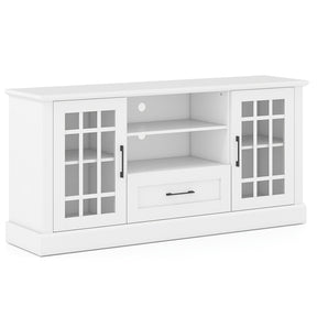 62" Farmhouse TV Stand for 70 Inch TVs, Tall Media Console Table with 2 Glass Doors, Cubbies & Drawer, Storage Cabinet for Living Room