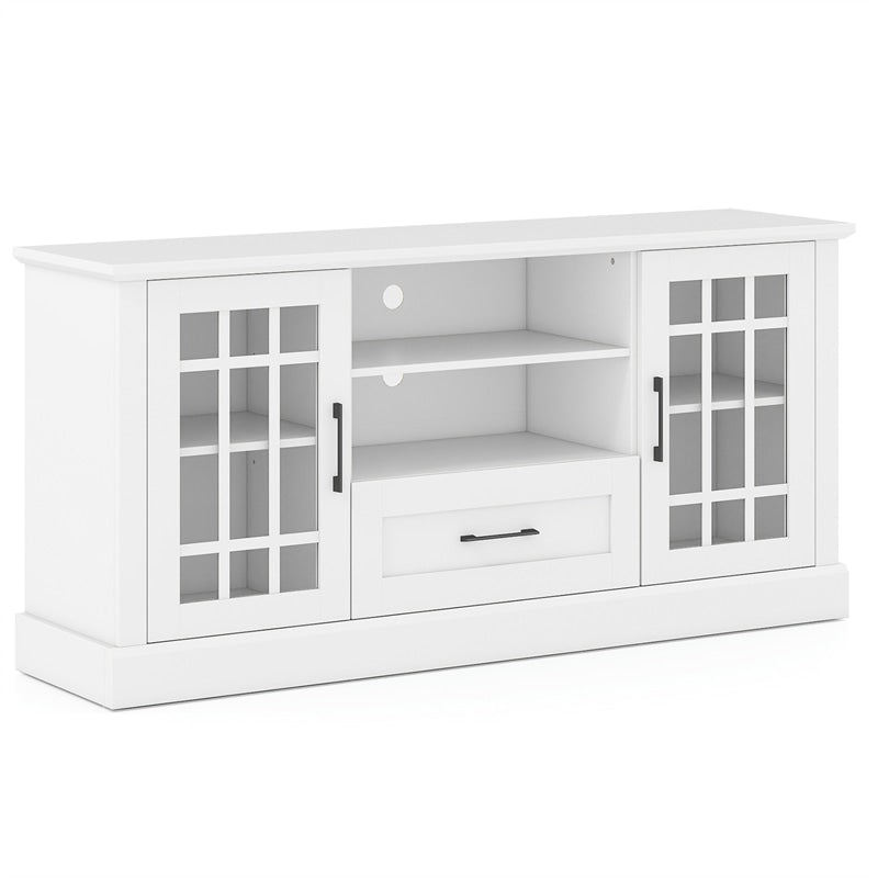 62" Farmhouse TV Stand for 70 Inch TVs, Tall Media Console Table with 2 Glass Doors, Cubbies & Drawer, Storage Cabinet for Living Room