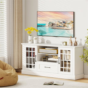 62" Farmhouse TV Stand for 70 Inch TVs, Tall Media Console Table with 2 Glass Doors, Cubbies & Drawer, Storage Cabinet for Living Room