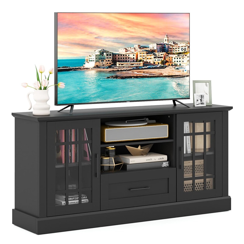 62" Farmhouse TV Stand for 70 Inch TVs, Tall Media Console Table with 2 Glass Doors, Cubbies & Drawer, Storage Cabinet for Living Room