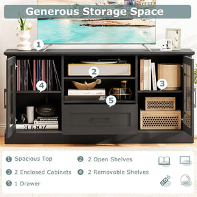 62" Farmhouse TV Stand for 70 Inch TVs, Tall Media Console Table with 2 Glass Doors, Cubbies & Drawer, Storage Cabinet for Living Room