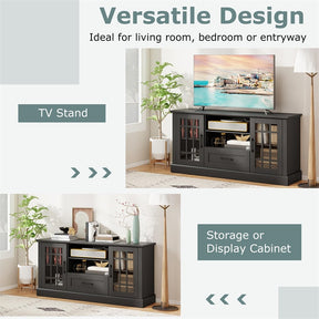 62" Farmhouse TV Stand for 70 Inch TVs, Tall Media Console Table with 2 Glass Doors, Cubbies & Drawer, Storage Cabinet for Living Room