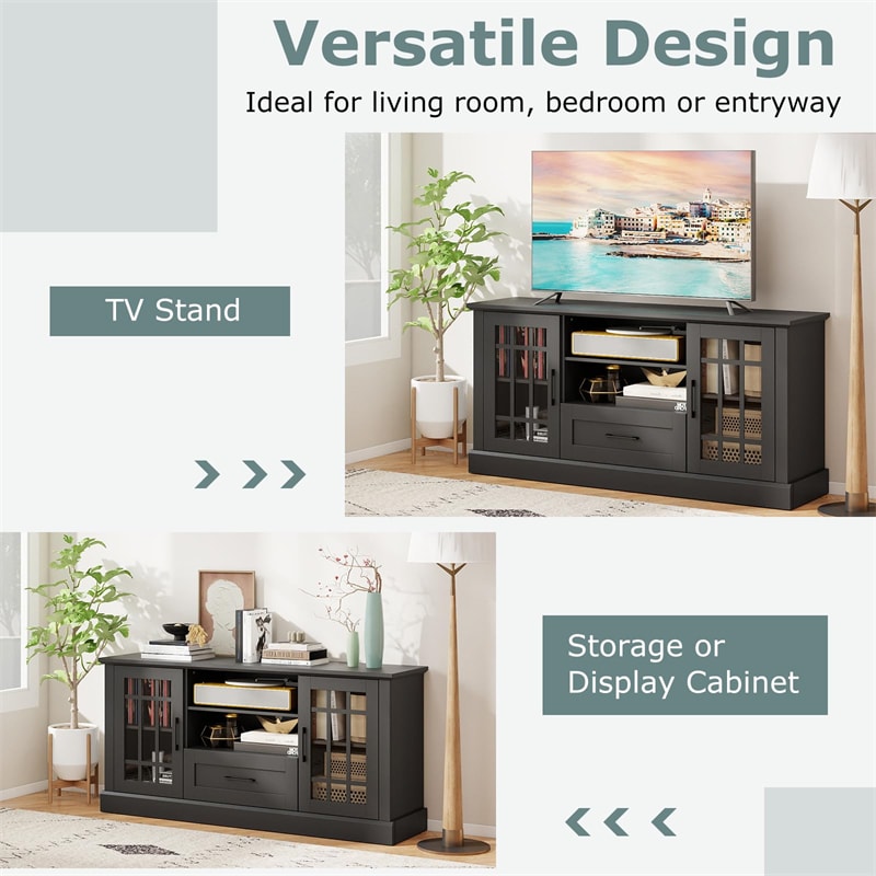 62" Farmhouse TV Stand for 70 Inch TVs, Tall Media Console Table with 2 Glass Doors, Cubbies & Drawer, Storage Cabinet for Living Room